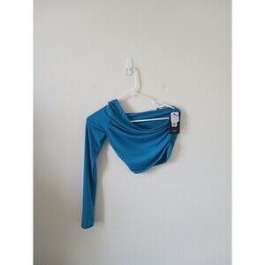 Fashion Nova Womens Turquoise One‎ Shoulder Ribbed Crop Top Long Sleeve Size S